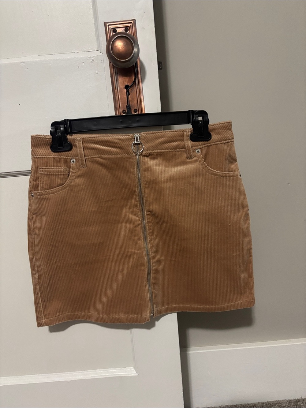 Love Tree Camel Corduroy Zip-Front Mini Skirt
